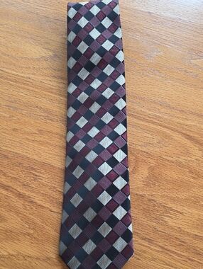 Alexander Julian Burgundy and Black Checked Tie with Silver Accents